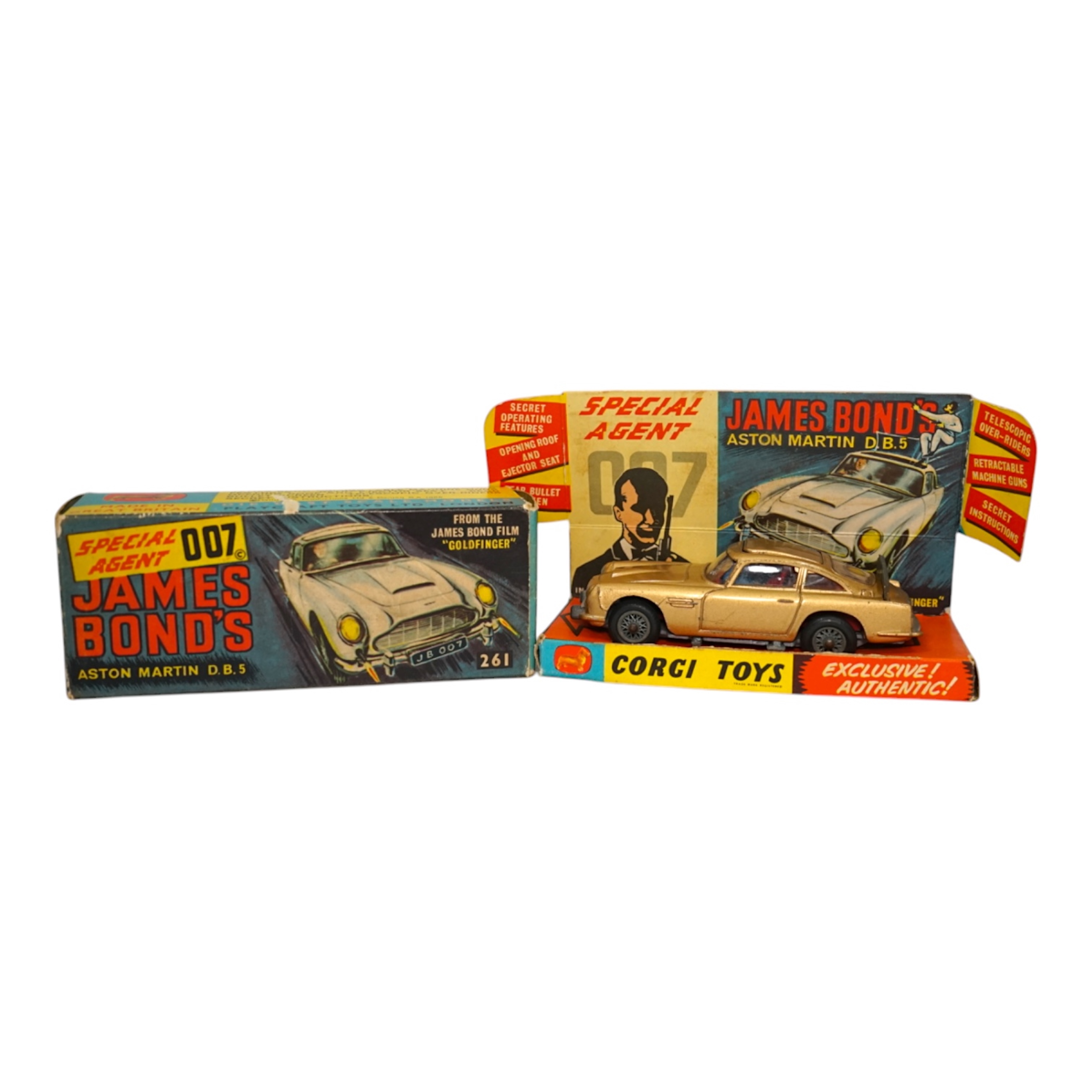 A boxed Corgi Toys James Bond 007 Aston Martin DB5 (261), a gold Aston Martin, with inner display stand, the envelope for the secret instructions (contents missing), the correct James Bond advertising leaflet and two pas